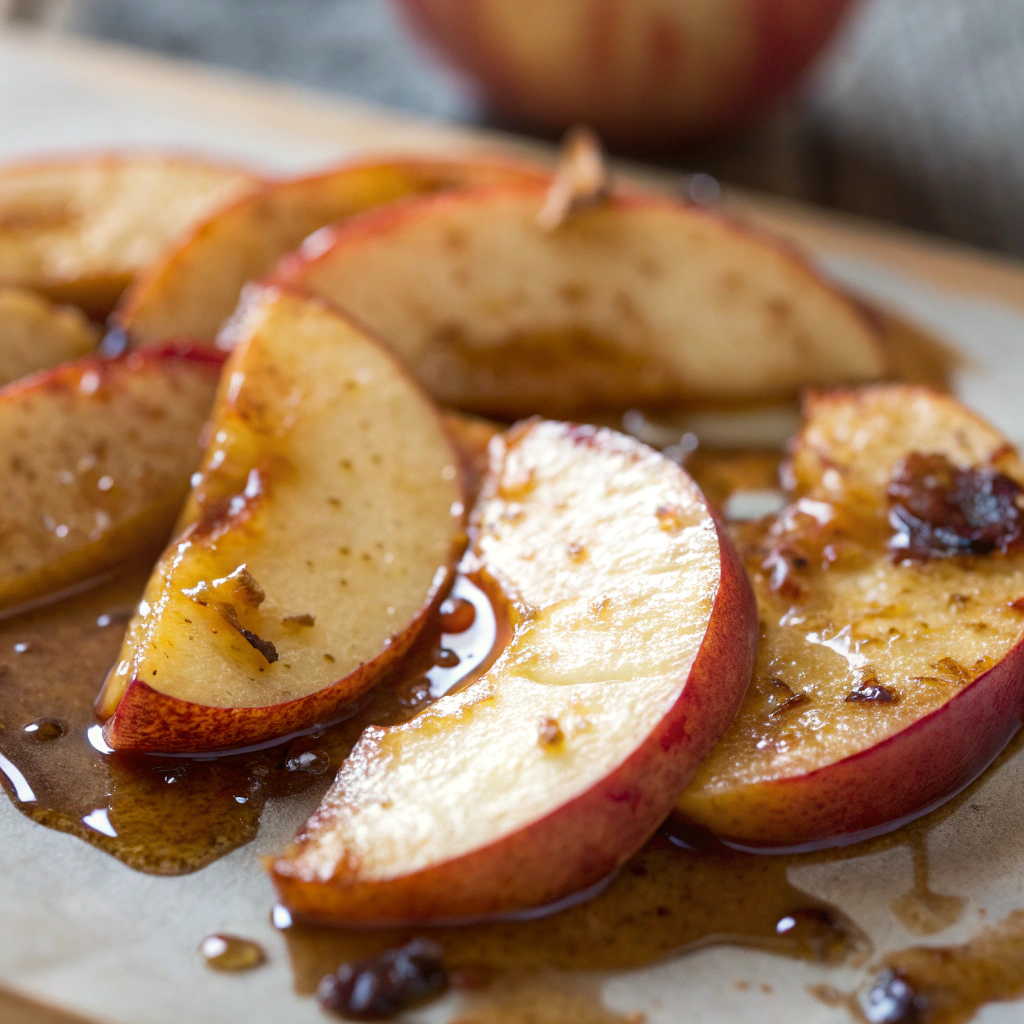 Close-up view of finished apples with crispy browned edges, pecans scattered through the glaze. Macro shot highlights syrup strands between slices.