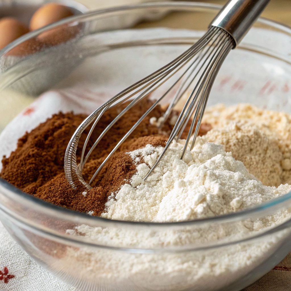 Close-up view of flour, baking powder, baking soda, salt, and cinnamon being combined in a bowl, with a whisk blending the ingredients.