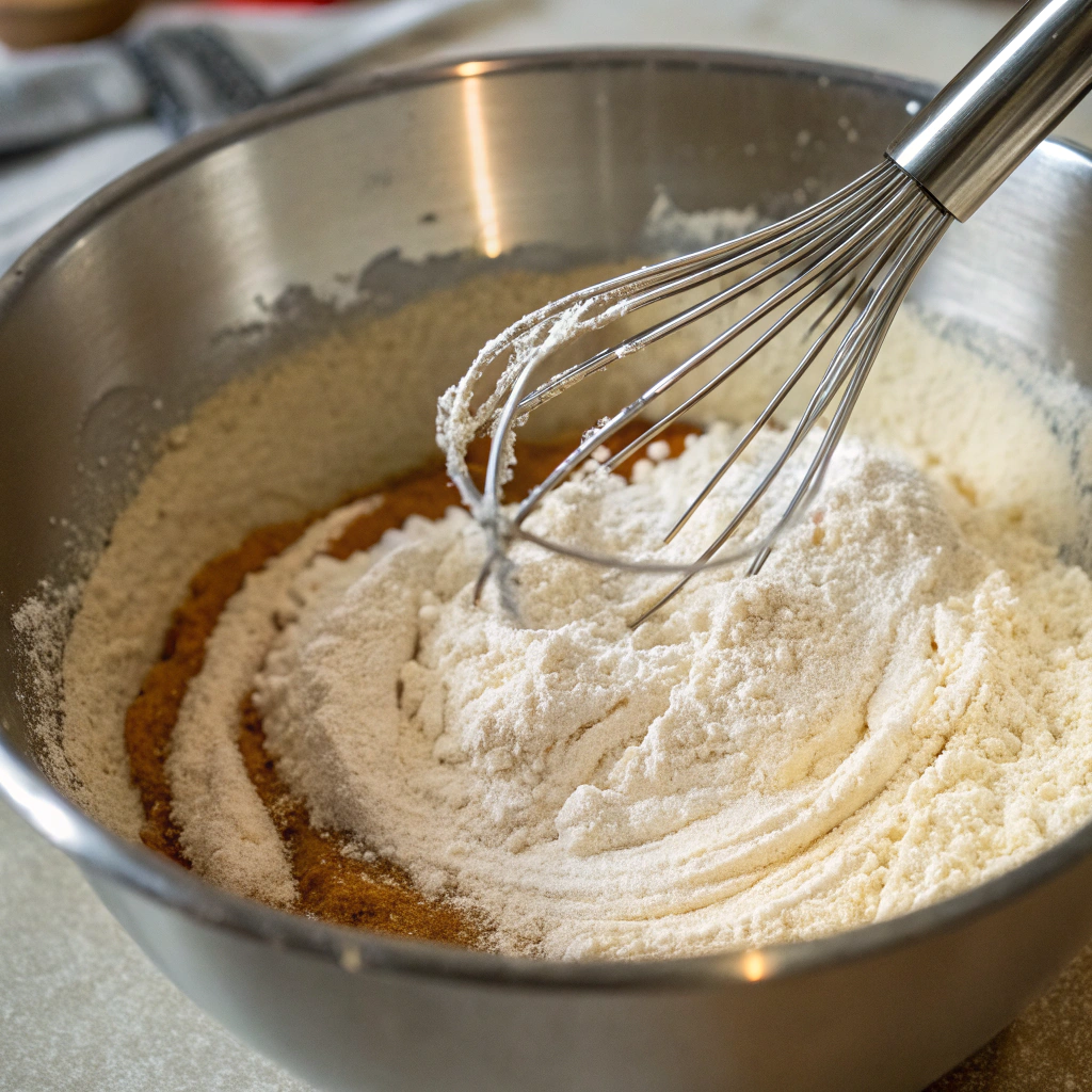 Close-up view of milk, egg, melted butter, and chocolate chips being stirred into the dry ingredients, creating a thick, lumpy batter.