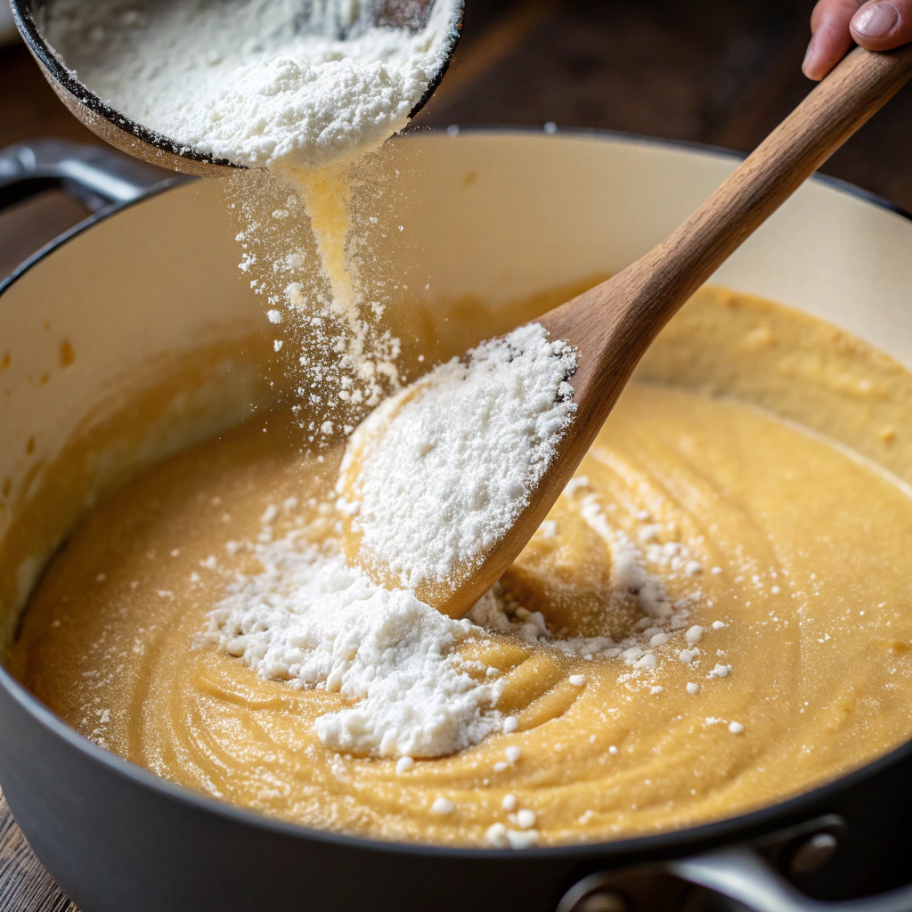 Close-up view of flour being sprinkled into the Dutch oven, with a wooden spoon stirring to create a smooth, golden roux. The lighting emphasizes the creamy texture.
