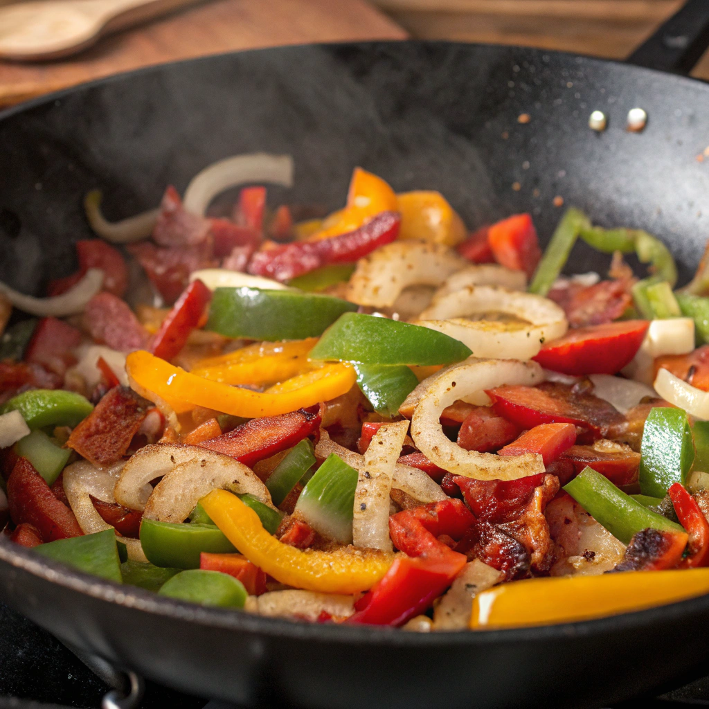 Close-up view of chopped bell peppers and onions sizzling in turkey bacon drippings, releasing a savory aroma.