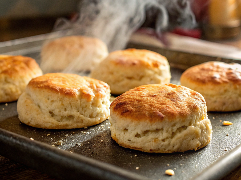 Close-up view of golden-brown biscuits baking on a cookie sheet, with steam rising and the edges turning crisp.