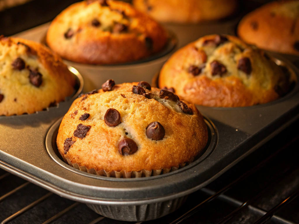 Close-up view of golden-brown muffins baking in the oven, with chocolate chips melting and the tops turning crisp.