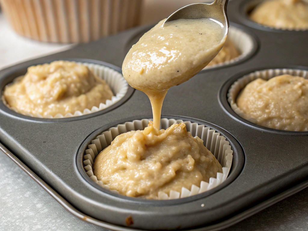 Close-up view of muffin batter being scooped into a muffin tin, filling each cup about ⅔ full with a spoon.