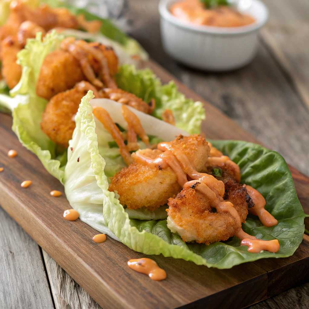 Close-up view of golden, crispy shrimp served in fresh lettuce wraps, drizzled with Bang Bang sauce, on a rustic wooden table.