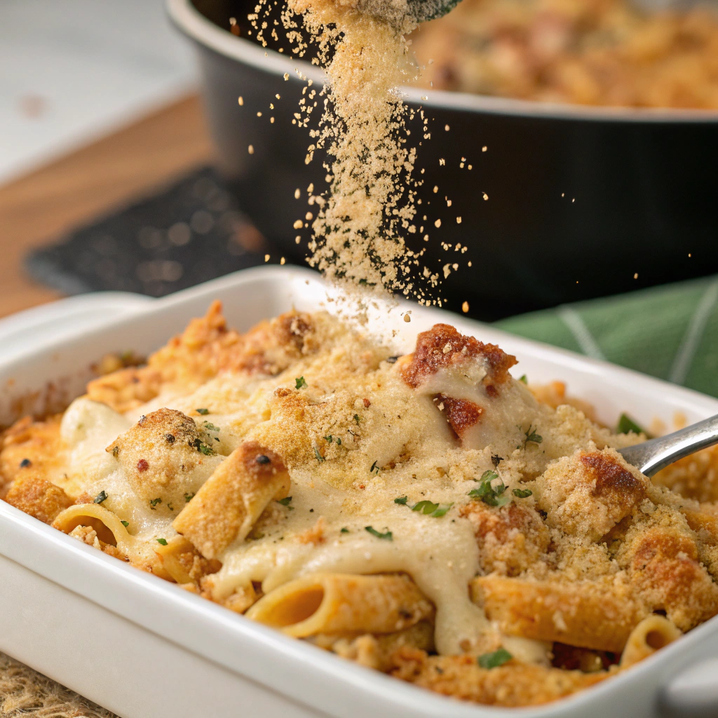 Golden, crunchy panko breadcrumbs being sprinkled over a cheesy pasta dish.