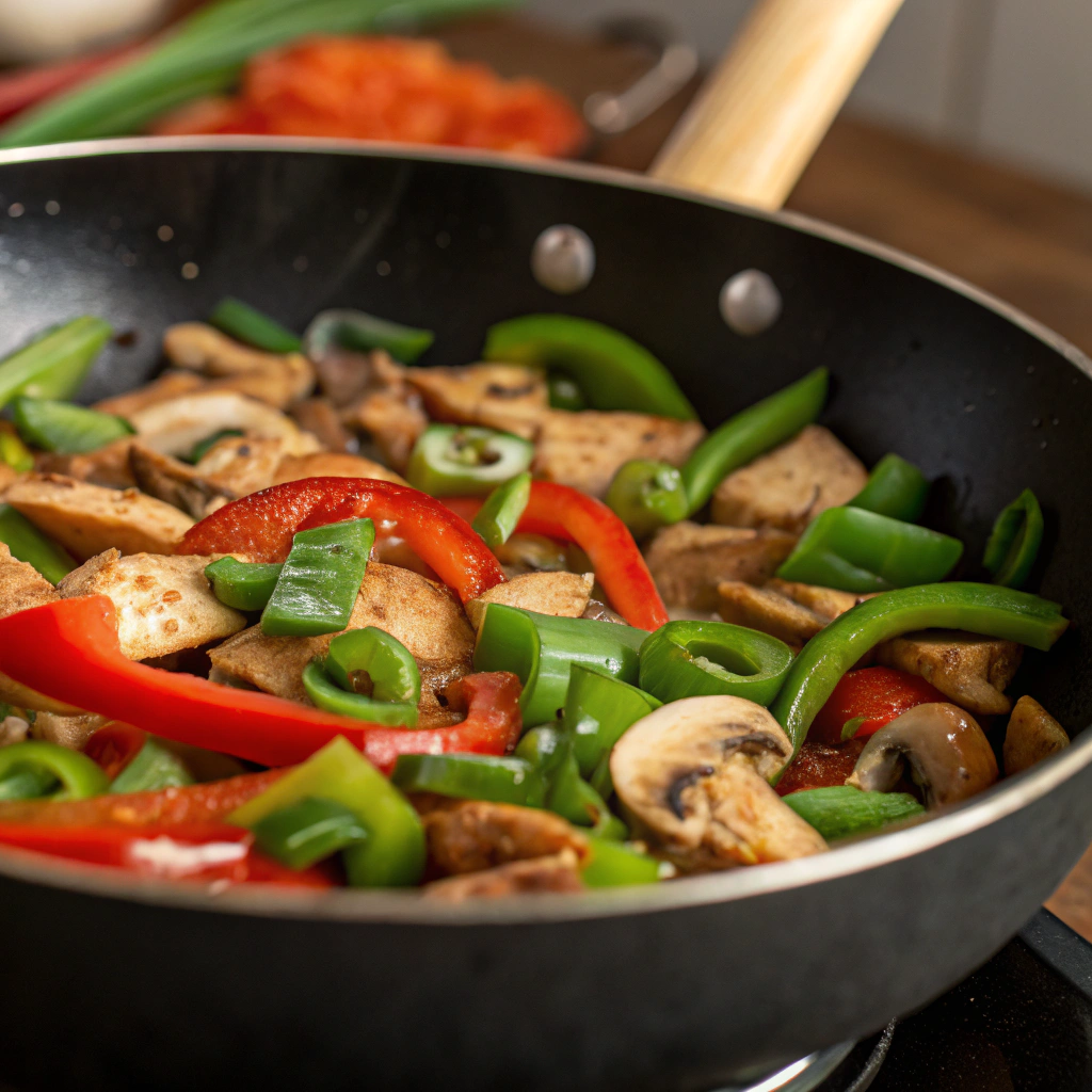 Close-up view of green and red bell peppers, mushrooms, and green onions being sautéed in a skillet with the chicken.