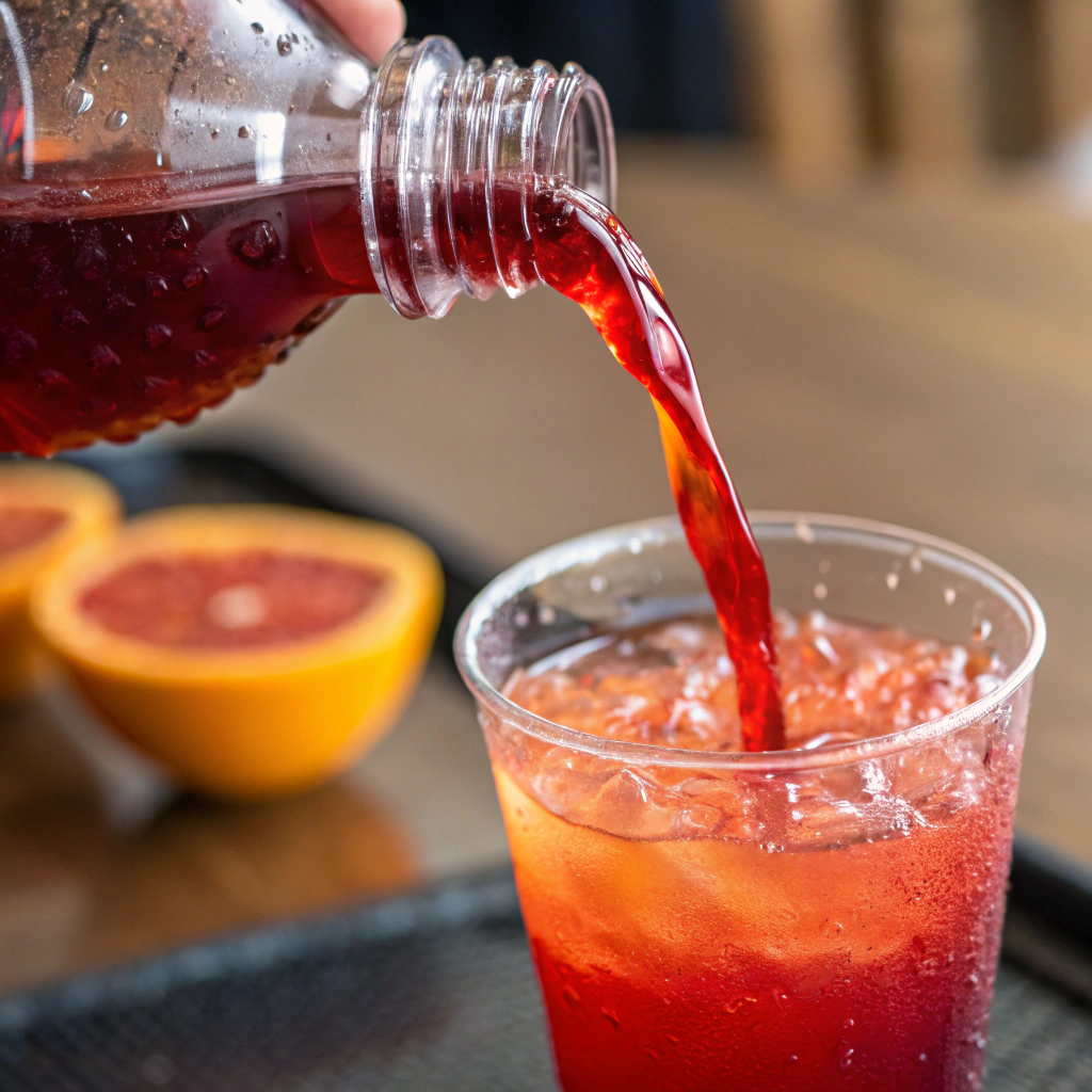 Close-up view of grenadine syrup being poured into the drink, forming a red layer at the bottom, in warm ambient lighting.