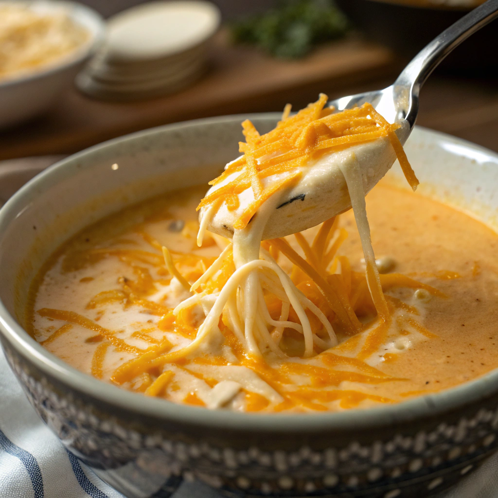 Close-up view of heavy cream and shredded Colby cheese being stirred into the soup, creating a rich, velvety texture. The lighting highlights the melted cheese strands.