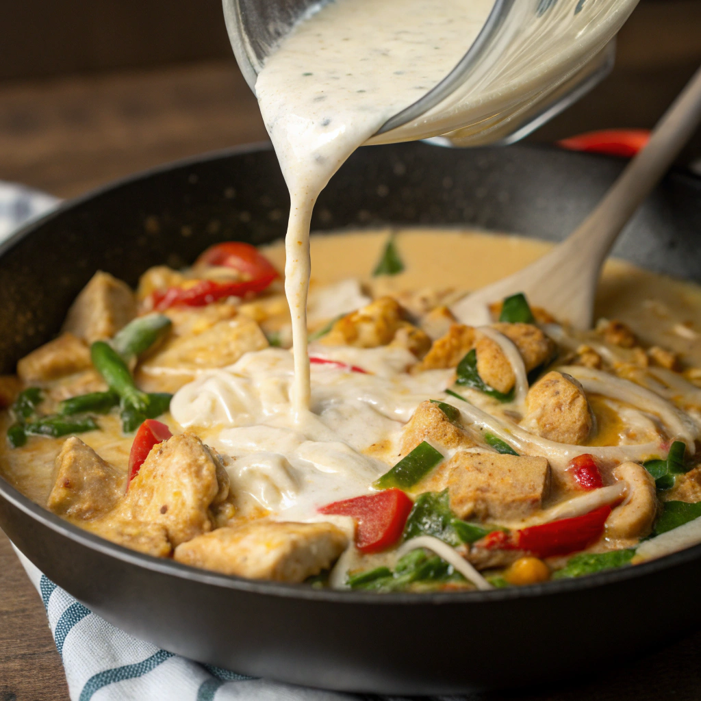 Close-up view of heavy cream being poured into the skillet, blending with the chicken and vegetables to create a rich, creamy sauce.