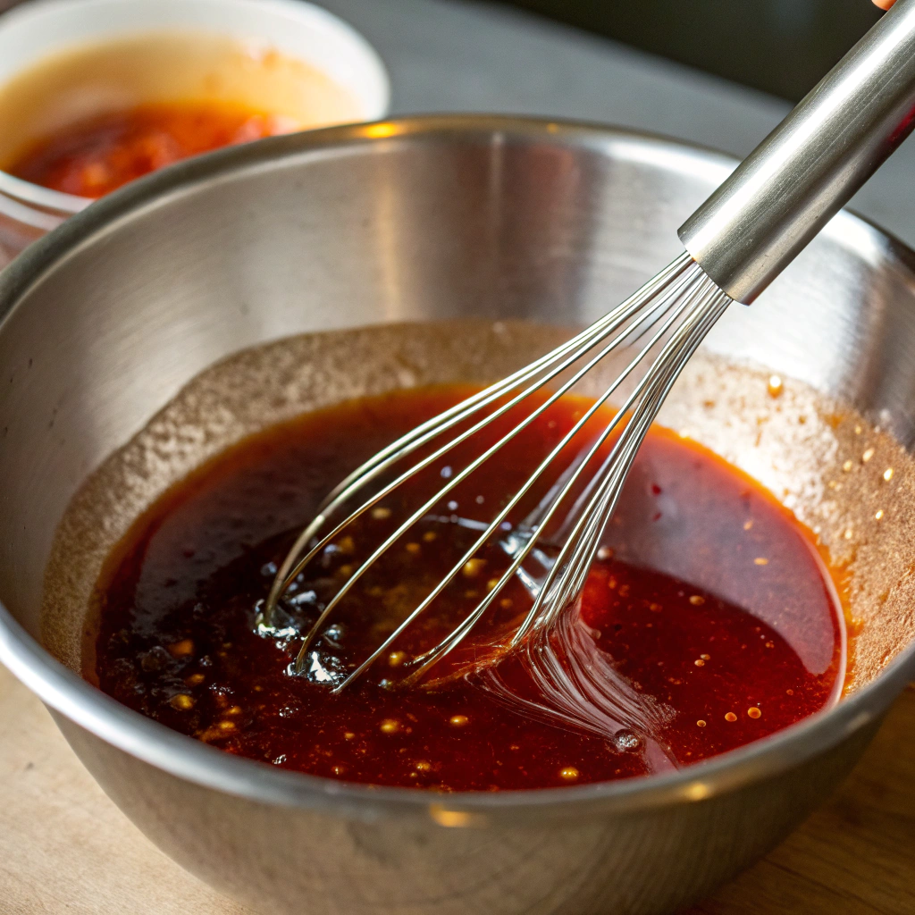Close-up view of a bowl with gochujang, soy sauce, maple syrup, lime juice, and water being whisked into a smooth, glossy sauce. The lighting emphasizes the rich, red color of the gochujang.