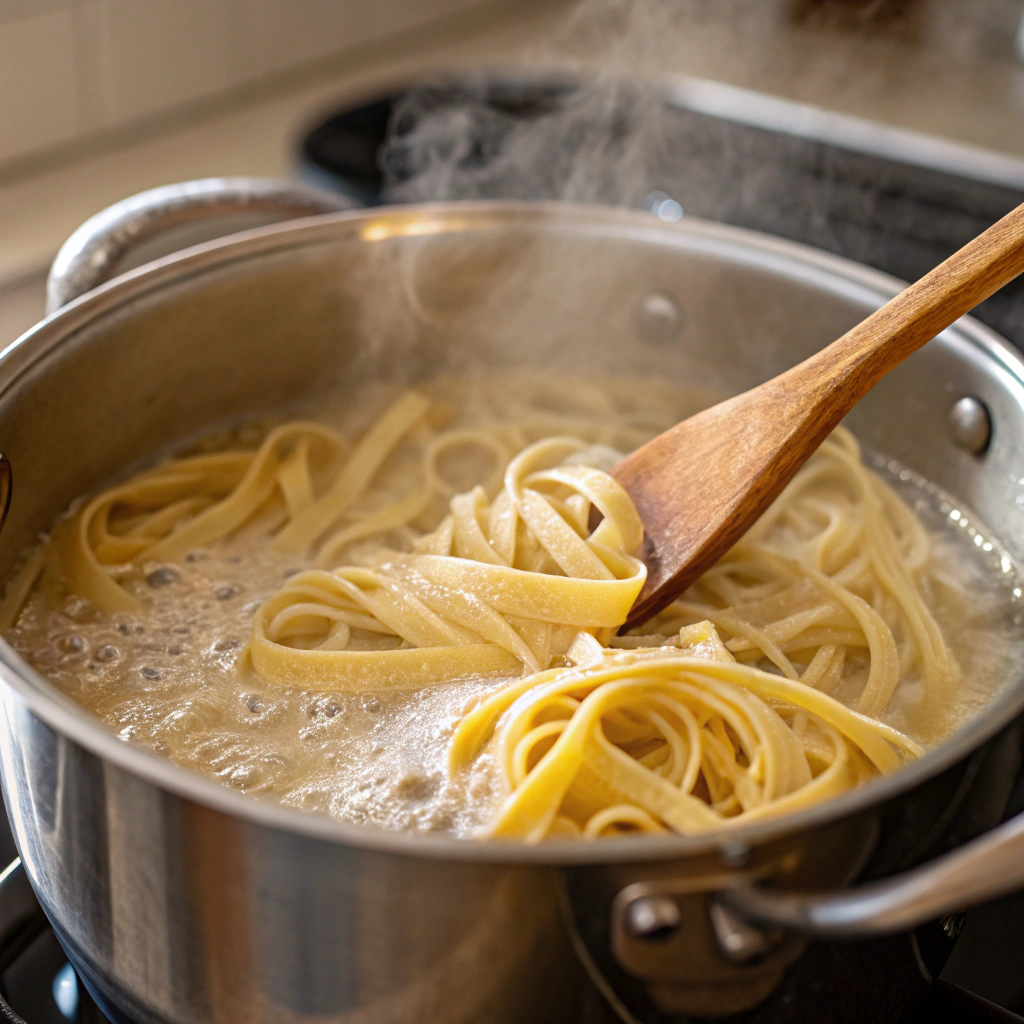 Close-up view of linguine pasta boiling in a pot of water, with steam rising and a wooden spoon resting on the side.