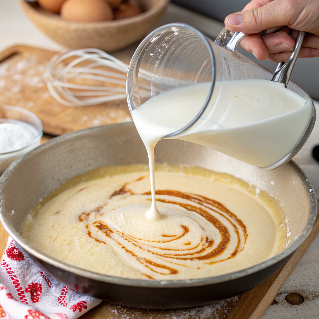 Close-up view of milk being added to the batter, one tablespoon at a time, to achieve the perfect pancake consistency.