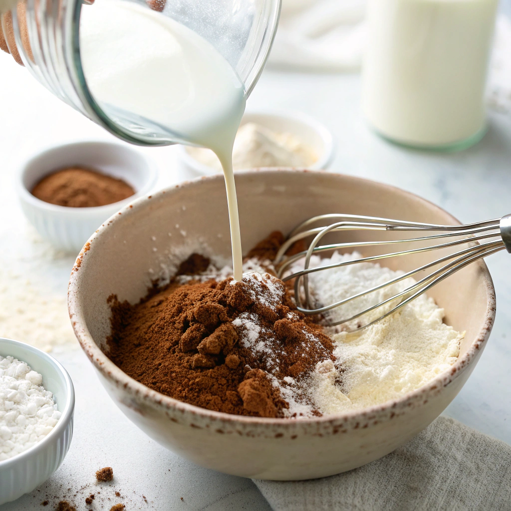 Close-up view of milk being poured into a bowl of dry ingredients, with a whisk blending the mixture smoothly, in a bright kitchen environment.