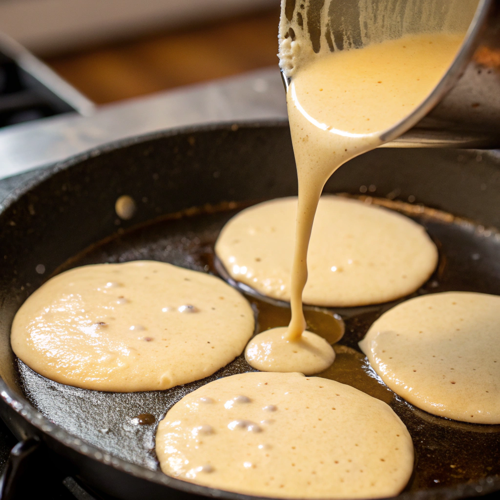 Close-up view of pancake batter being poured onto the skillet, forming perfect circles and bubbling as they cook.