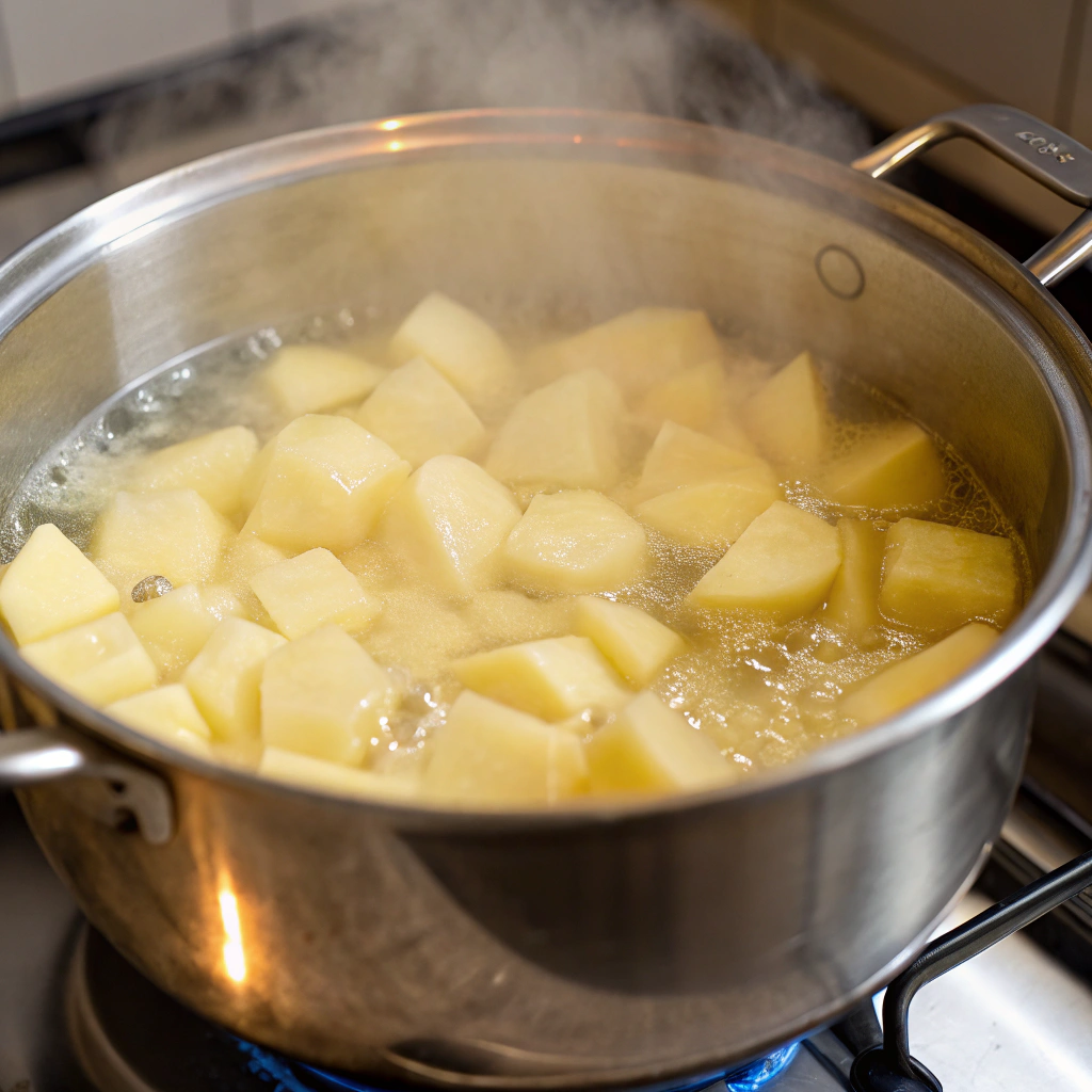 Close-up view of peeled and cubed potatoes boiling in a large pot of salted water, with steam rising.