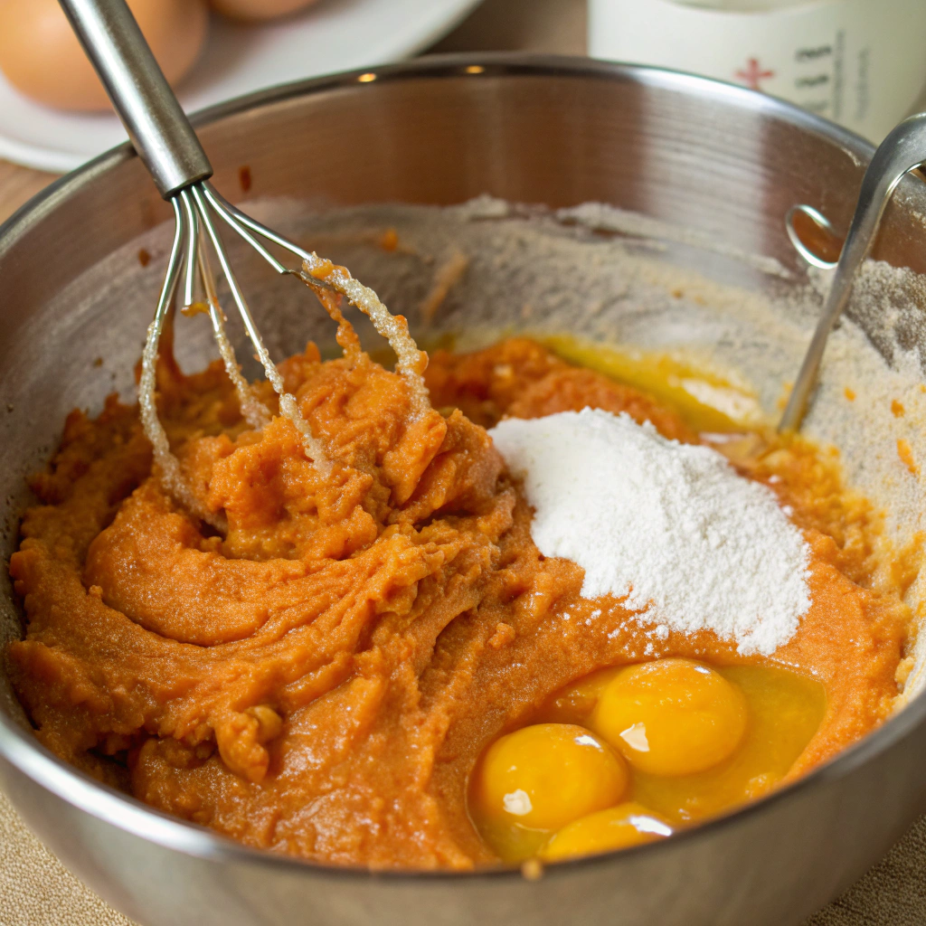 Close-up view of pumpkin, vegetable oil, eggs, and sugar being mixed in a separate bowl, creating a smooth, orange batter.