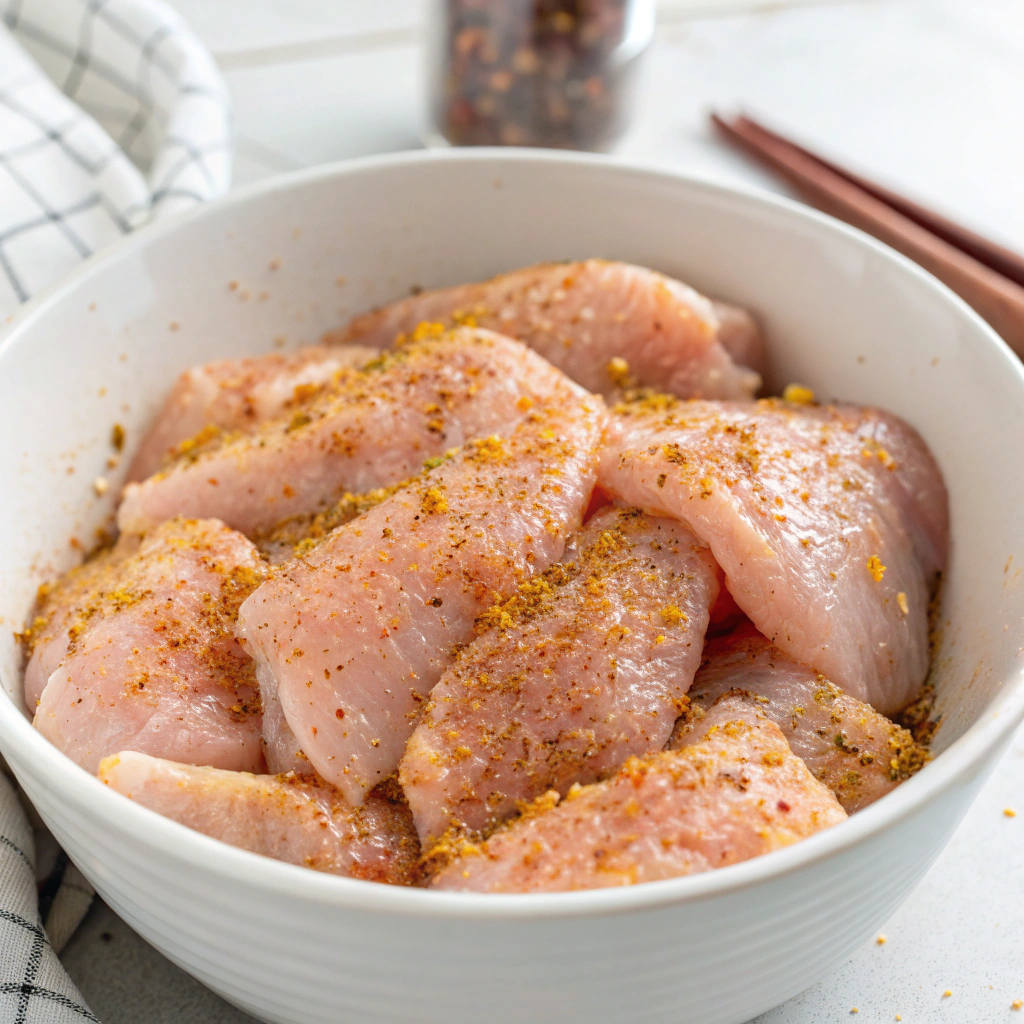 Close-up view of chicken strips coated in Cajun seasoning, resting in a bowl on a light kitchen counter.