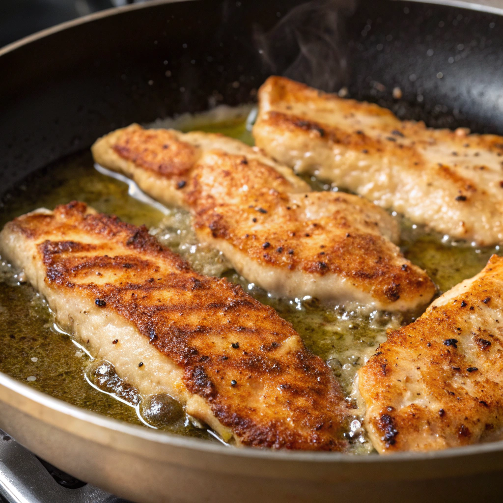 Close-up view of chicken strips sizzling in a skillet with melted butter, golden brown and aromatic.