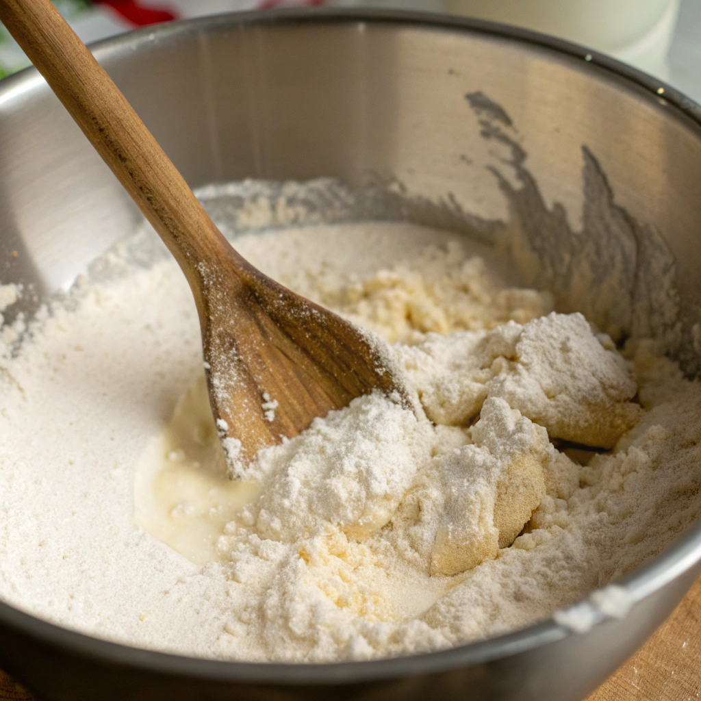Close-up view of self-rising flour, shortening, and milk being combined in a mixing bowl, with a wooden spoon stirring the ingredients into a dough.