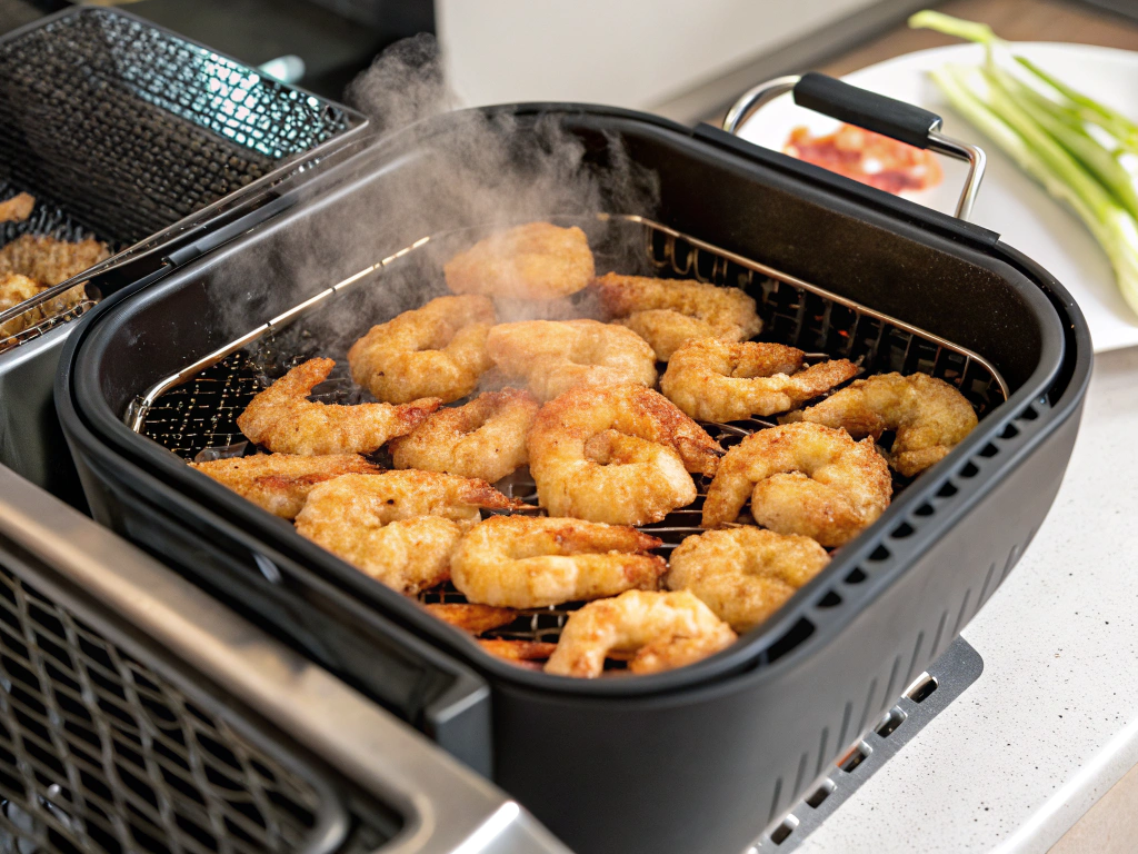 Close-up view of shrimp cooking in the air fryer basket, with a golden, crispy texture visible, in a modern kitchen.