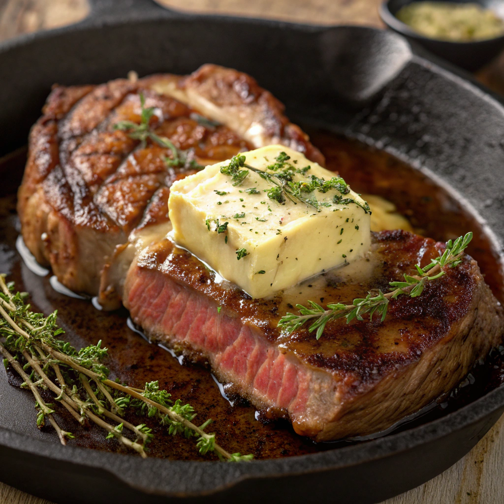 Close-up view of sliced cowboy butter melting over a sizzling steak, garnished with thyme sprigs, on a rustic wooden table.
