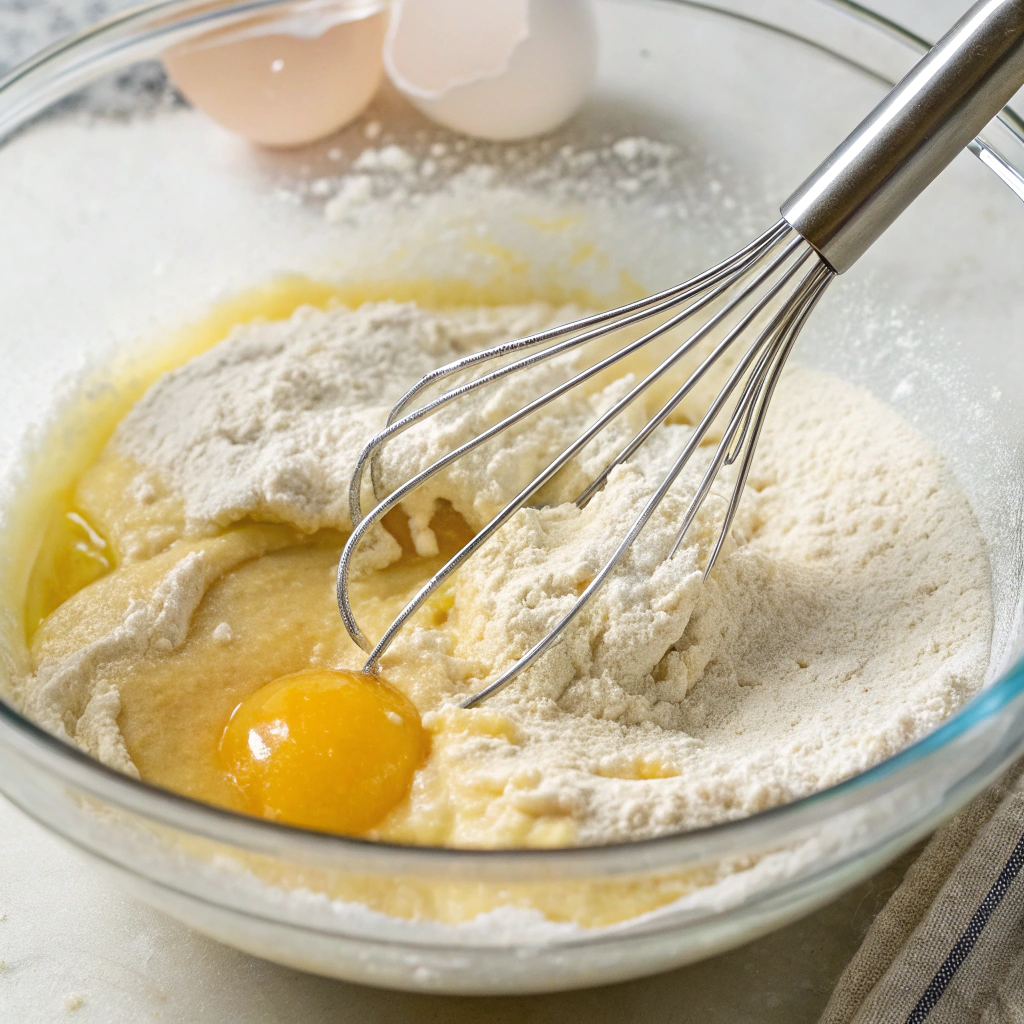 Close-up view of sourdough discard, egg, melted butter, sugar, and salt being whisked together in a large bowl, creating a smooth batter.