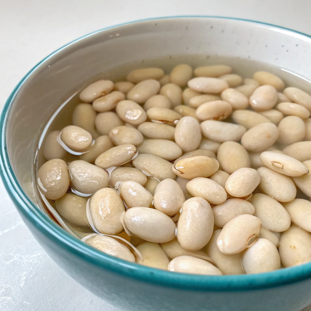Close-up view of the 15 bean soup mix soaking in a bowl of cool water, with the beans plumping up overnight.
