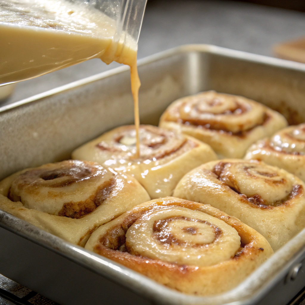 Close-up view of the custard mixture being poured over the cinnamon roll pieces in the baking pan. The lighting highlights the glossy, golden liquid coating the dough.