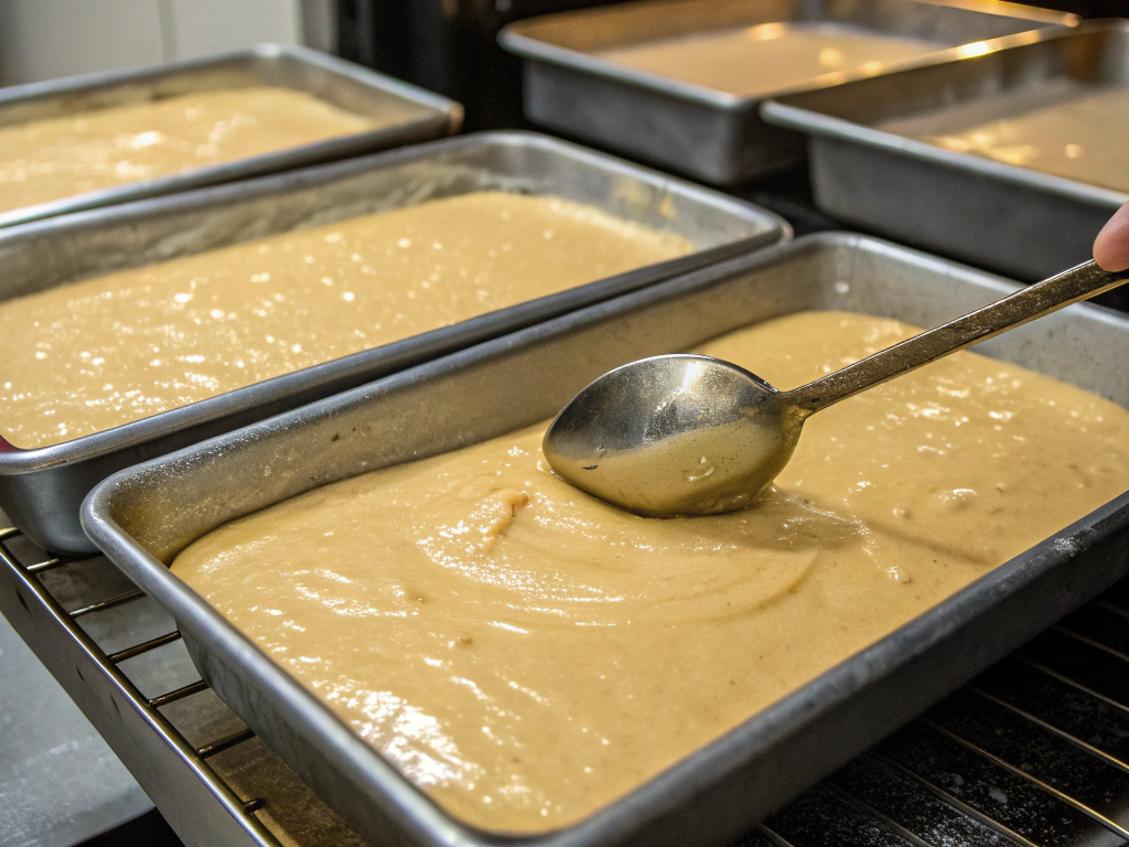 Close-up view of the batter being spread evenly into the prepared pans, ready to bake in the oven.