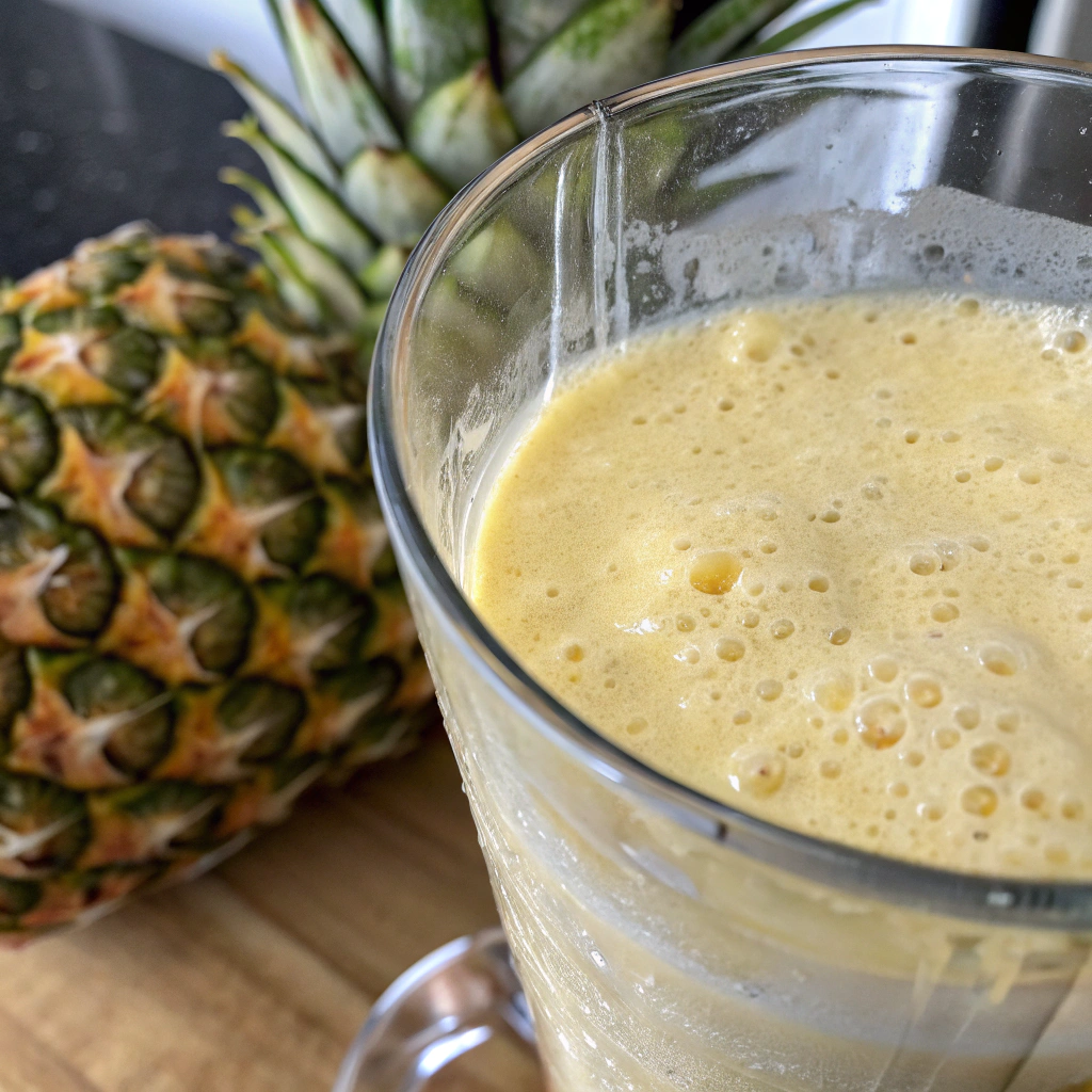 Close-up view of the blender with a smooth, frothy Virgin Pina Colada mixture inside. The creamy drink has a velvety texture, with tiny bubbles forming on the surface. The bright, natural lighting highlights the glossy sheen of the blended coconut and pineapple.