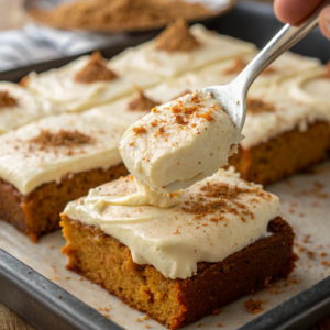 close-up-view-of-the-cream-cheese-frosting-being-s Pumpkin Bars with Cream Cheese Frosting