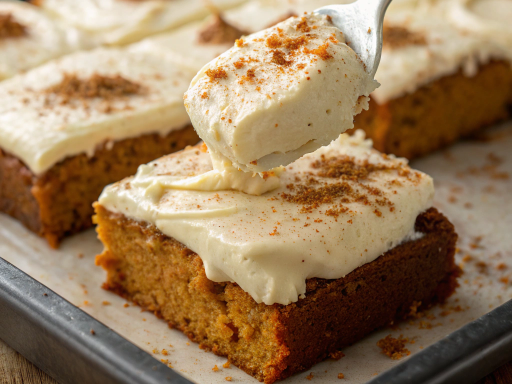 Close-up view of the cream cheese frosting being spread over the cooled pumpkin bars, with a sprinkle of cinnamon on top.