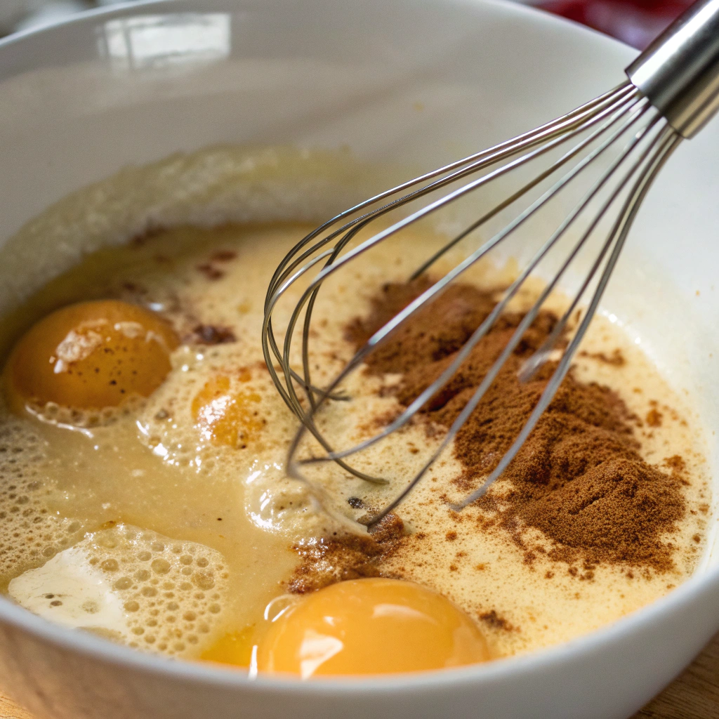 Close-up view of eggs, milk, vanilla extract, maple extract, and cinnamon being whisked together in a bowl. The lighting highlights the smooth, golden mixture.
