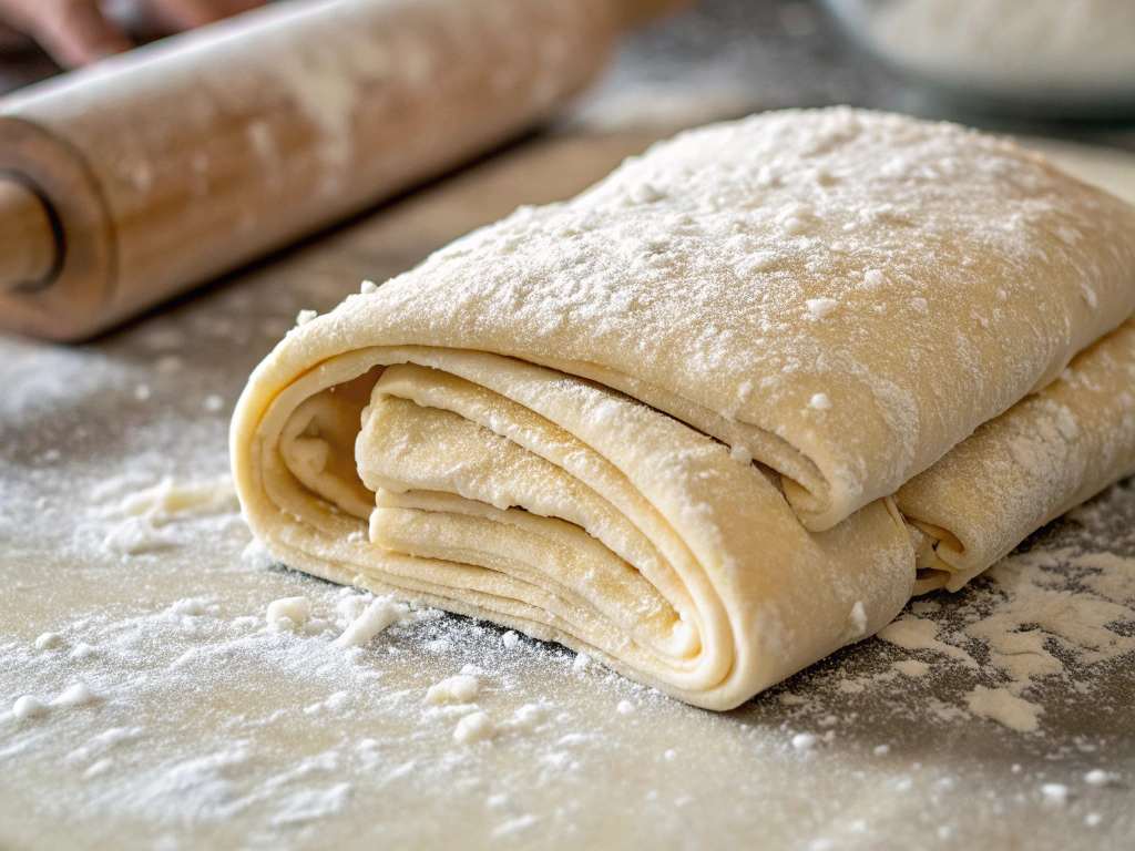 Close-up view of the dough being folded in half to create flaky layers, with flour dusted on the surface.