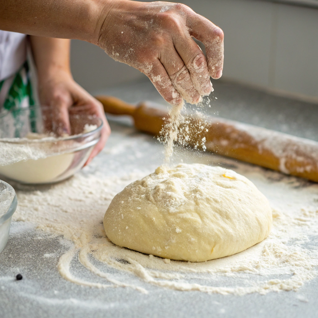 Close-up view of the dough being poured onto a floured surface, with hands gently patting it out to remove stickiness.