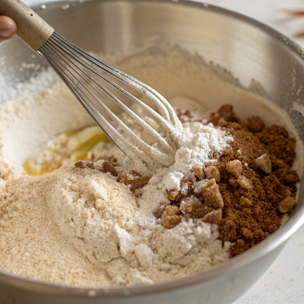 Close-up view of the dry ingredients being added to the wet mixture, with a spatula gently folding them together.