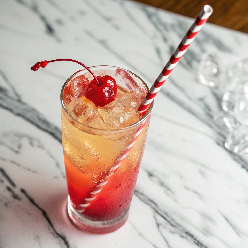 Close-up view of the finished drink with a cherry on top and a striped straw, placed on a colorful napkin, in natural daylight.
