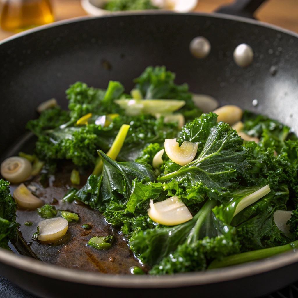 Close-up view of kale, scallions, and garlic sizzling in a skillet with olive oil, releasing a fragrant aroma. The lighting highlights the vibrant green color of the kale.
