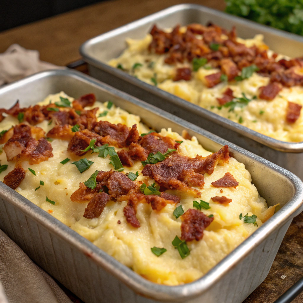 Close-up view of two casserole dishes filled with the potato mixture, ready to be baked in the oven.