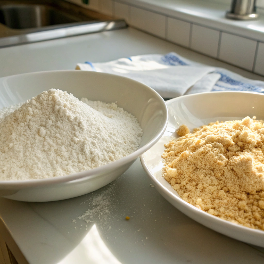 Close-up view of two plates—one with flour and the other with panko bread crumbs—ready for coating, in a bright kitchen environment.