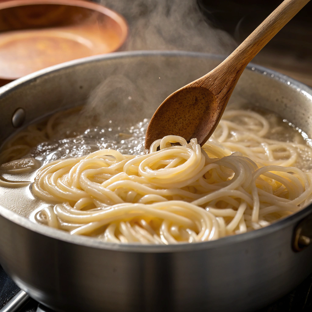Close-up view of udon noodles boiling in a pot of salted water, with steam rising and a wooden spoon resting on the side. The lighting highlights the chewy texture of the noodles.