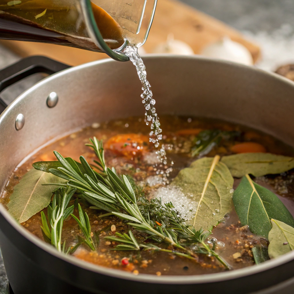 Close-up view of vegetable broth being poured into the pot, with bay leaves, rosemary, basil, salt, and pepper added for seasoning.