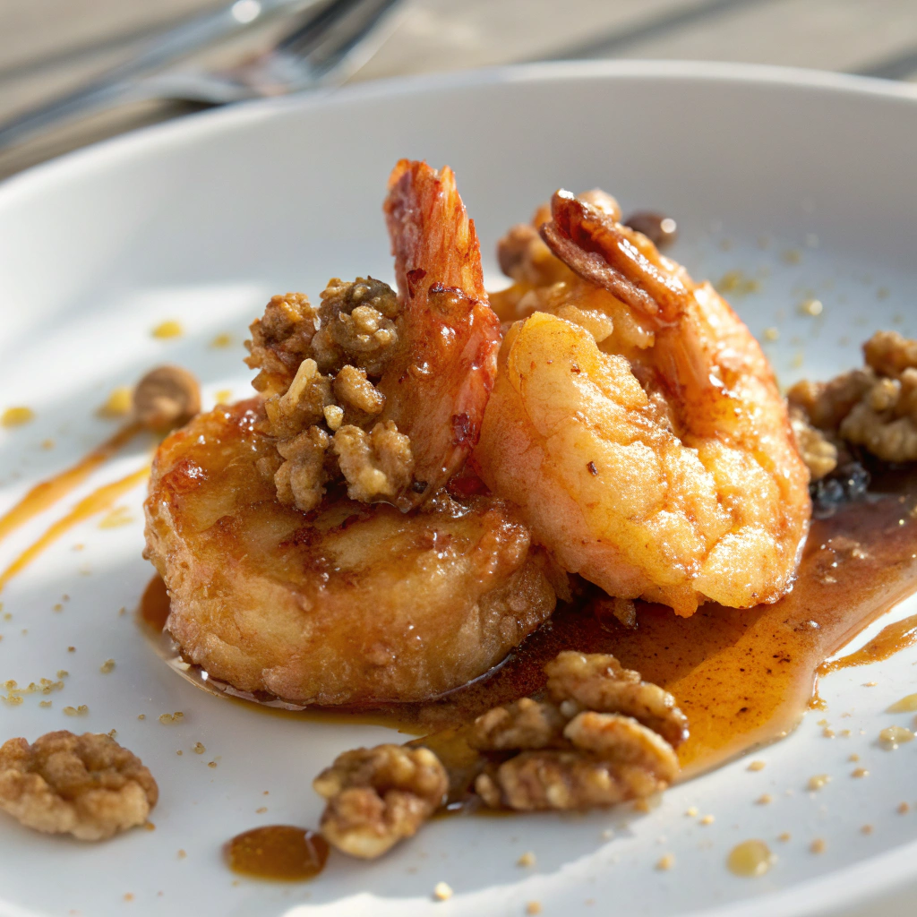 Ultra-close-up, high-quality image of a single honey walnut shrimp, capturing its glossy sauce coating, crispy batter texture, and candied walnut topping. The dish is placed on a white ceramic plate, tightly framed to showcase golden shrimp edges and sauce drips. Use bright natural lighting to emphasize the contrast between the shrimp’s amber glaze and walnuts’ crystalline sugar coating. Highlight details like air bubbles in the fried batter and sesame seeds sprinkled on the sauce. Exclude utensils and backgrounds.