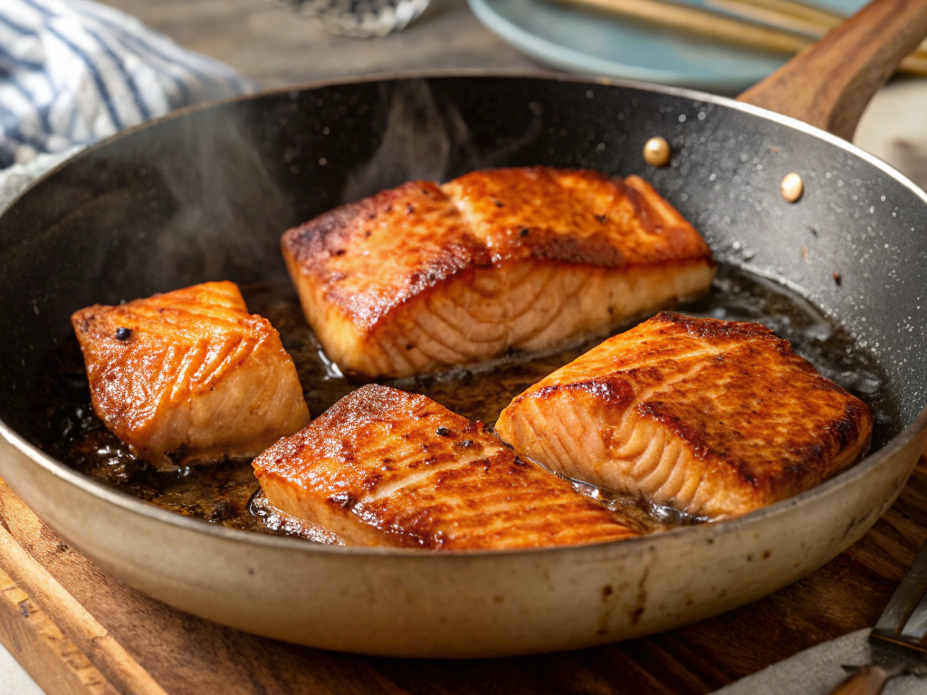 Golden-brown salmon chunks sizzling in a pan.