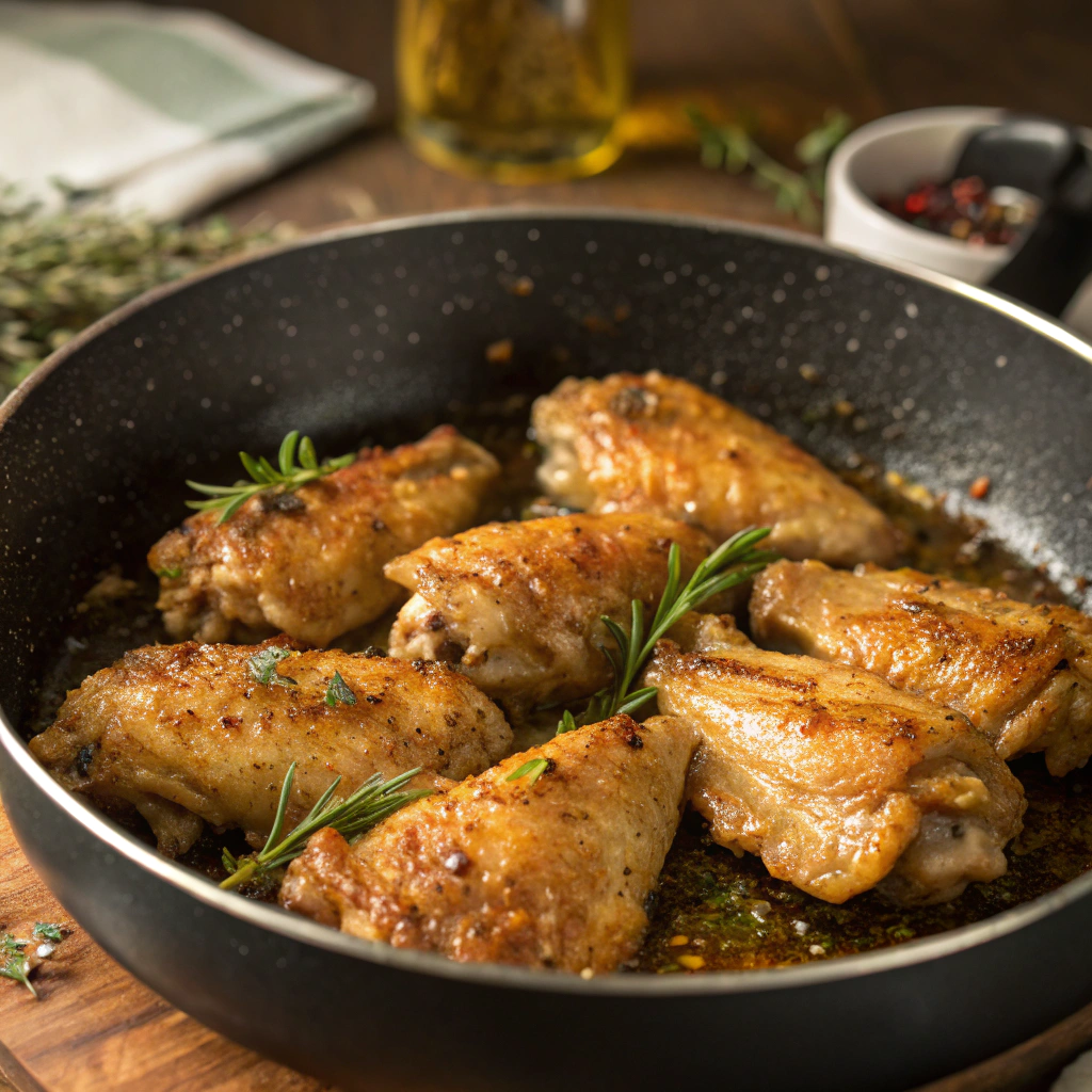 Golden-seared chicken breasts sizzling in a pan with fragrant Italian seasoning.