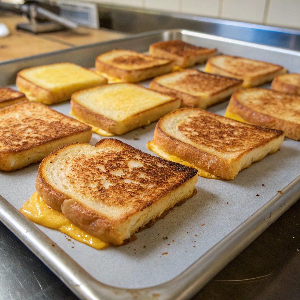 Golden, toasted grilled cheese sandwiches cooling on a baking sheet, ready to be cubed.