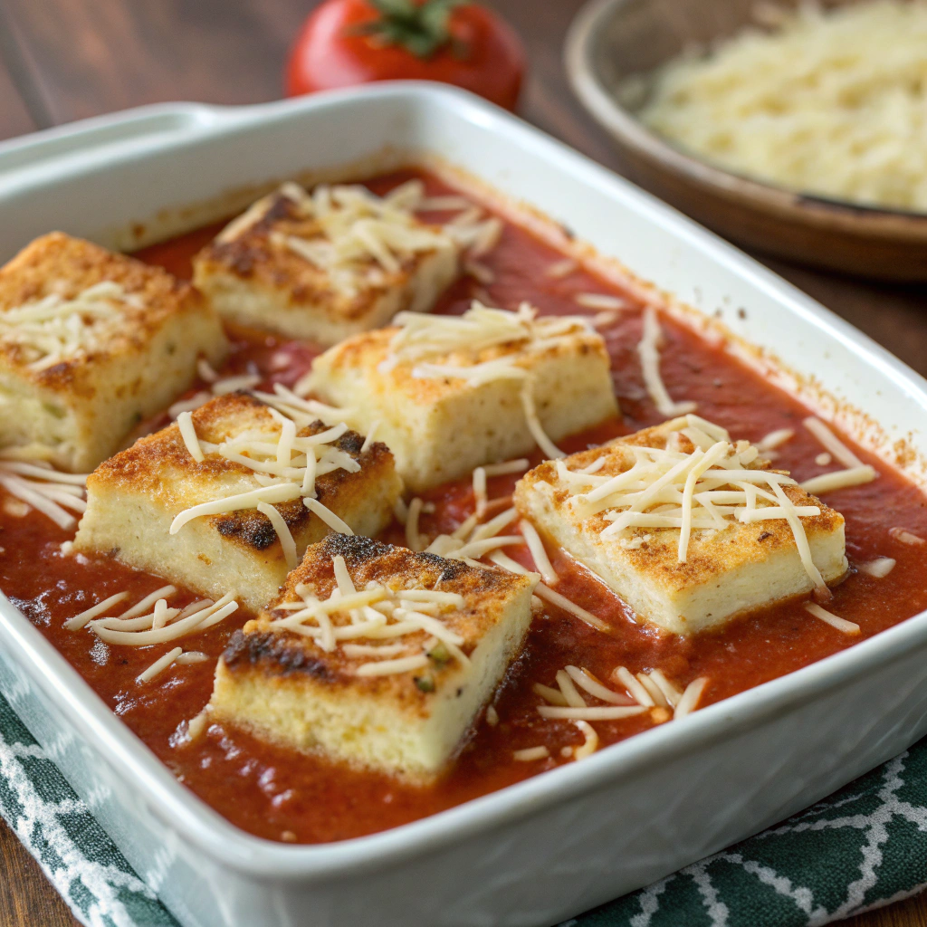 Grilled cheese cubes arranged over a tomato soup base in a baking dish, topped with shredded cheese.