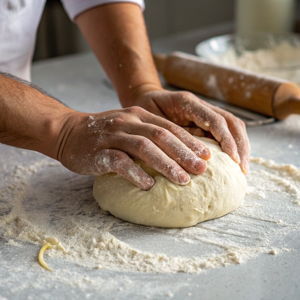 Hands kneading the dough on a lightly floured surface, showcasing its elasticity.
