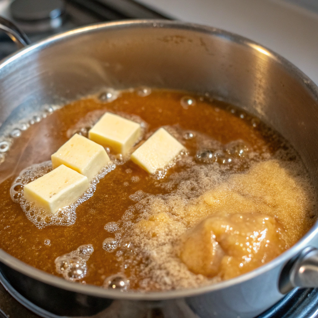 A close-up view of brown sugar, butter, and salt melting in a saucepan, creating a rich caramel base. The mixture bubbles gently, releasing a sweet aroma.